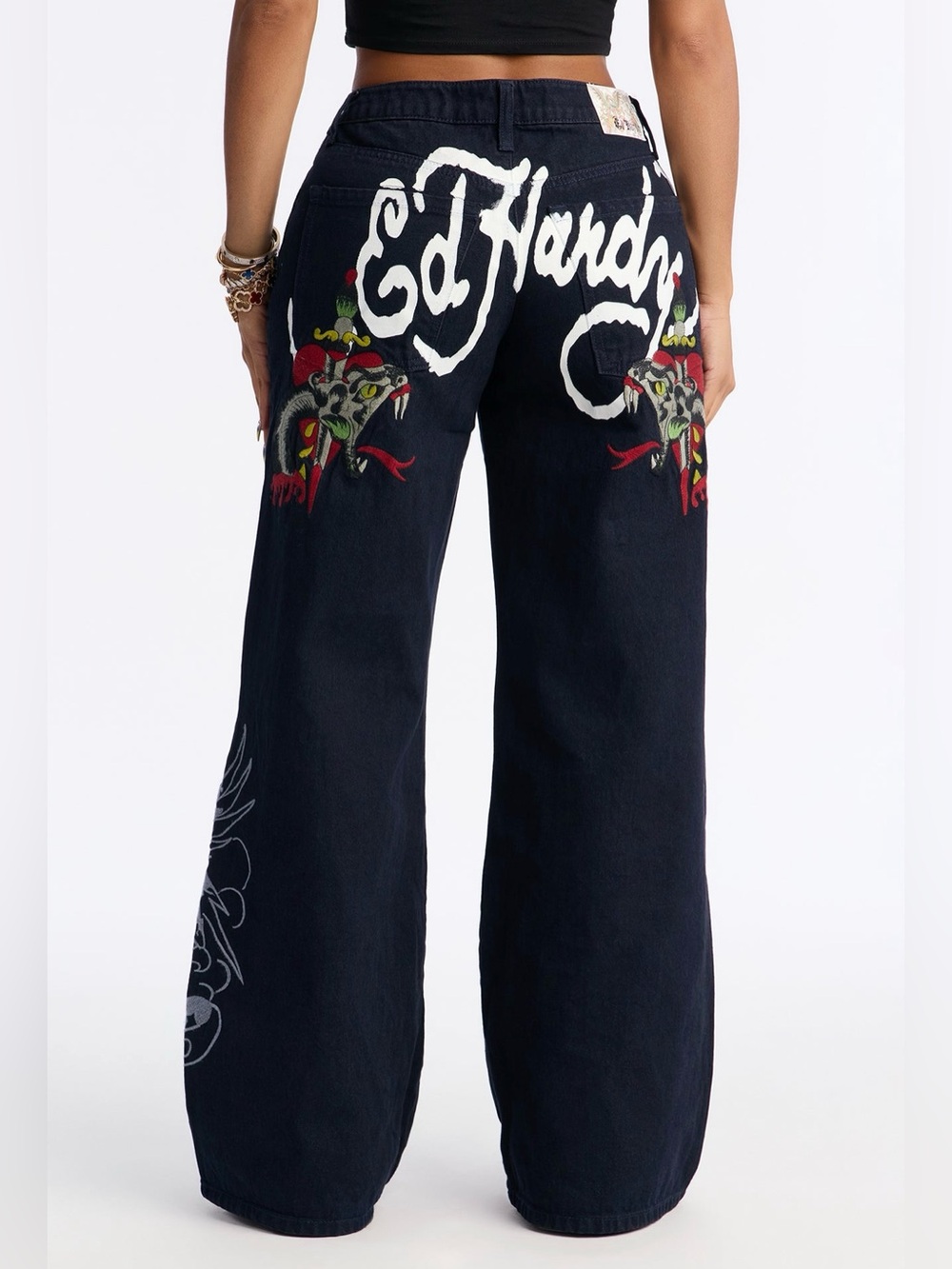 NWT Ed Hardy Snake Embroidered Wide Leg Jeans 28